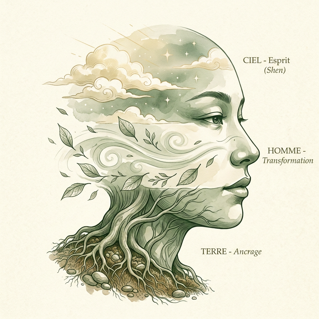 Illustration des 3 foyers en médecine chinoise : ciel, homme, terre sur le visage humain